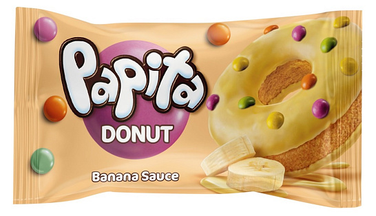 Пончик «PAPITA DONUT» с какао глазурью, банановой начинкой и цветным драже 40 гр. (ТУРЦИЯ)